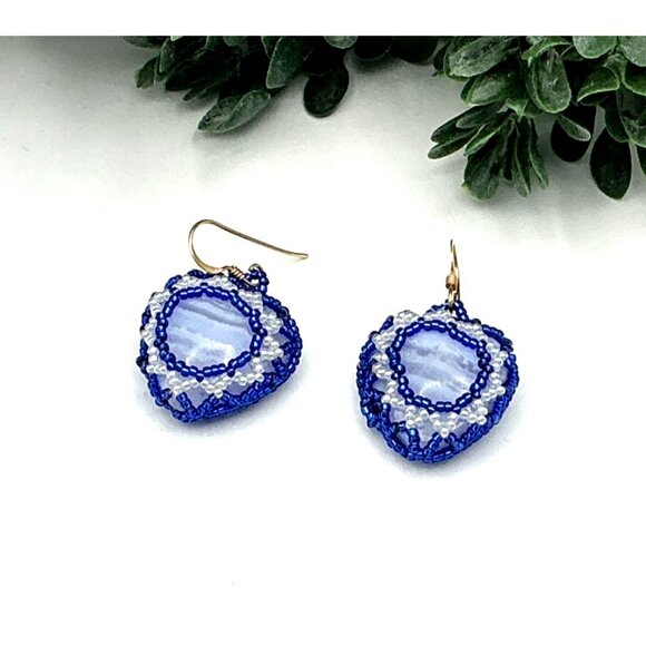 Handcrafted Blue Lace Agate & Beaded Dangle Earrings With Intricate White & Blue - Picture 2 of 5